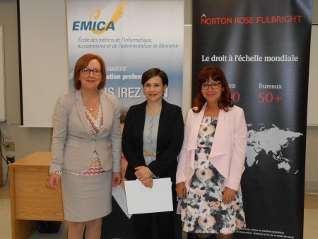 Au centre, Florence Benoit, élève de l’EMICA et boursière, entourée de deux directrices adjointes de Norton Rose Fulbright, Manon Dubois (à gauche) et Diane Lamy (à droite) 